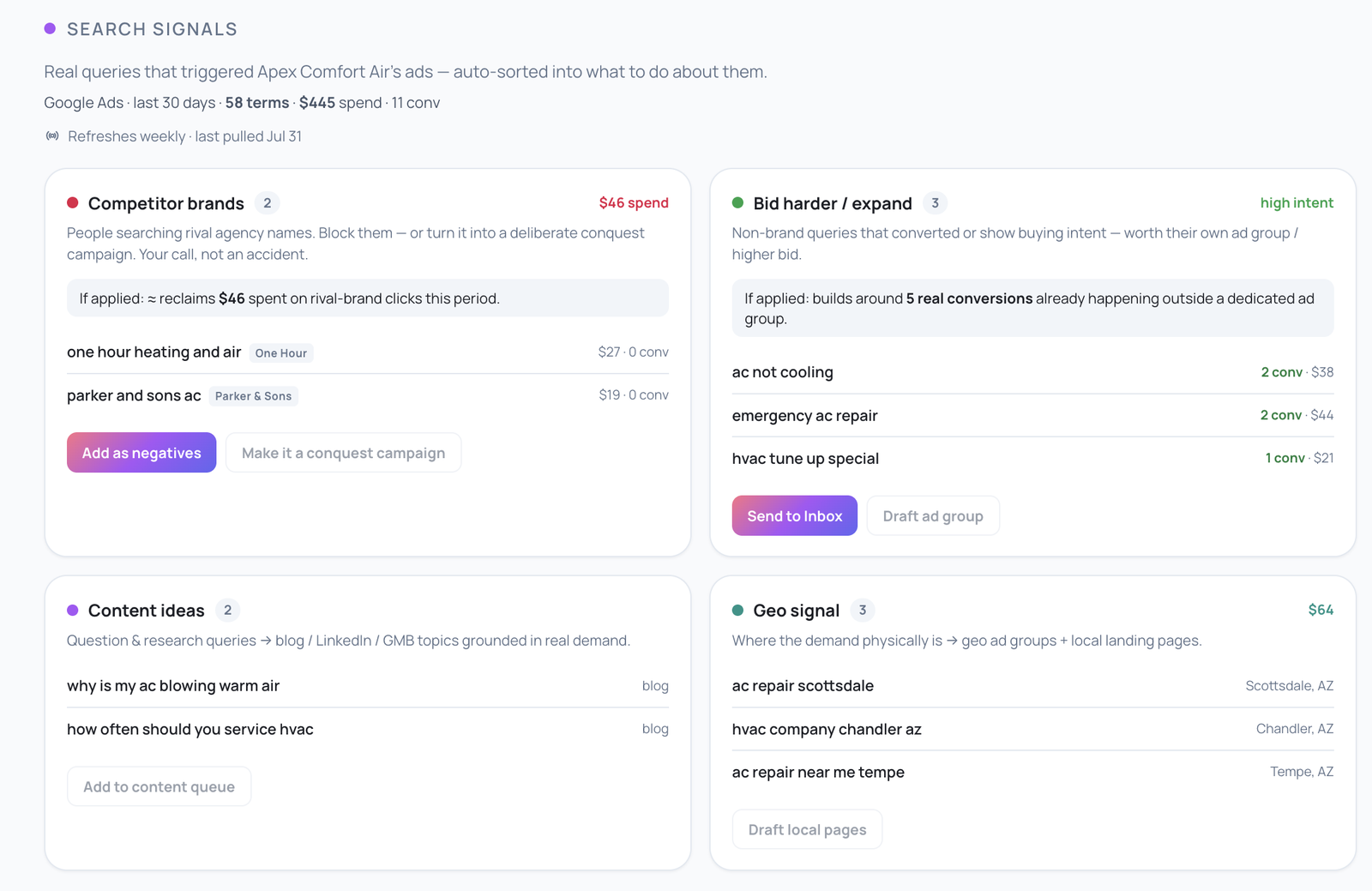 Apex Comfort Air real search queries sorted into competitor, high-intent, content, and geo signals